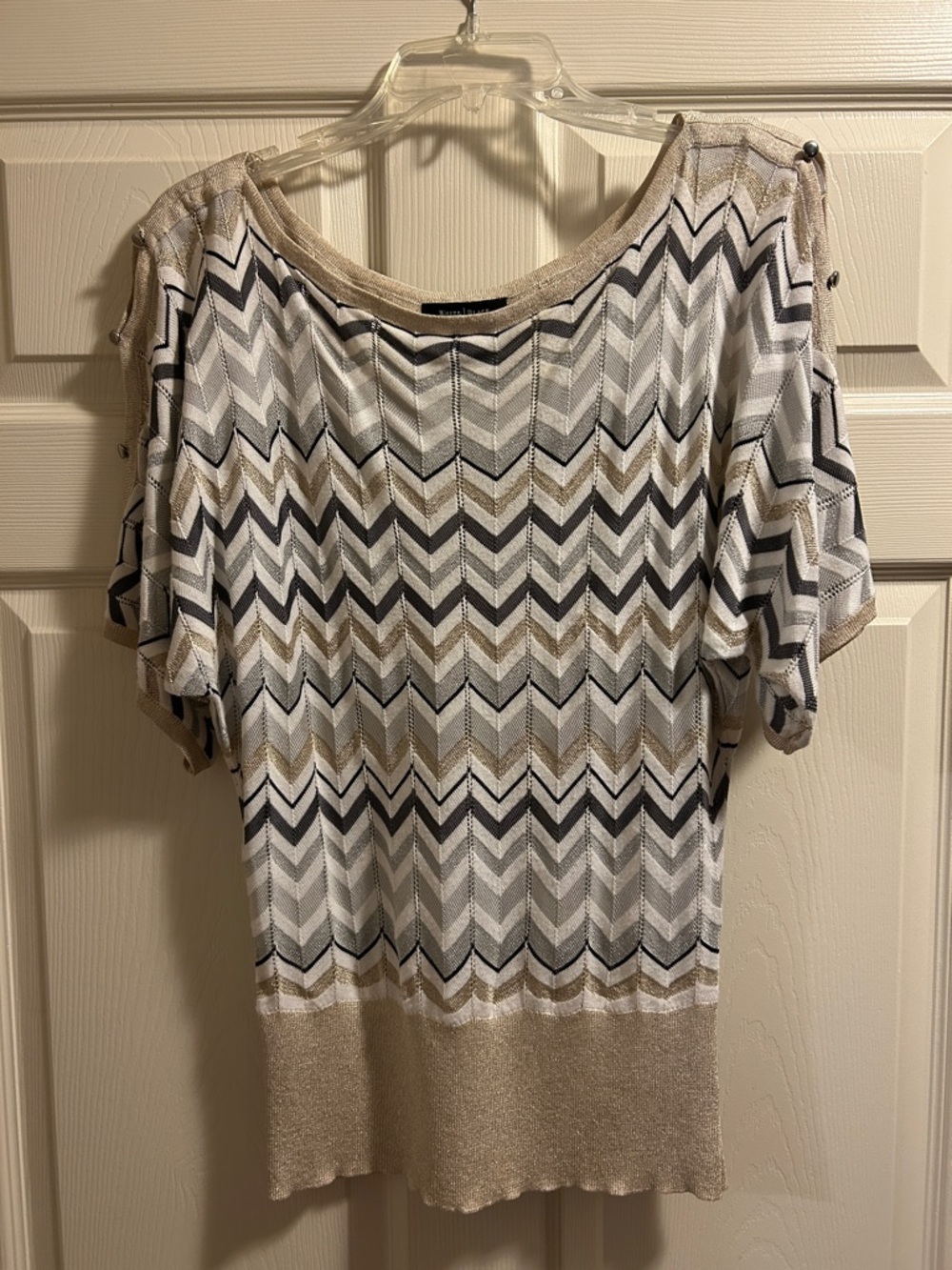 White House Black Market Striped Chevron Knit Top in White, Black & Gold